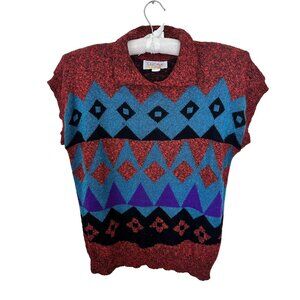 Vtg Womens Knit Sweater 1980s Red Blue Geometric Pullover Short Sleeve Collar